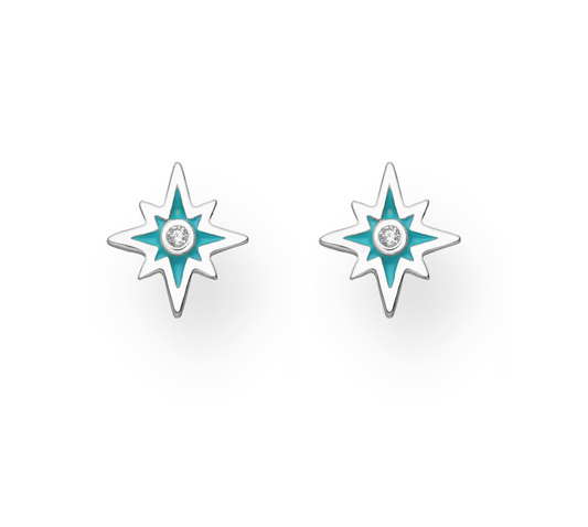 Sterling Silver Blue Cubic Zirconia North Star Stud Earrings