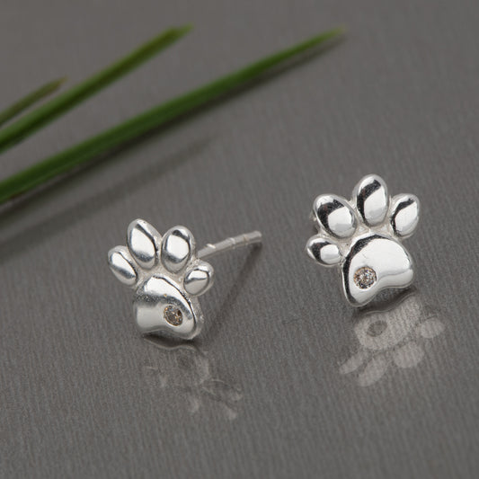 Sterling Silver Cubic Zirconia Paw Print Stud Earrings