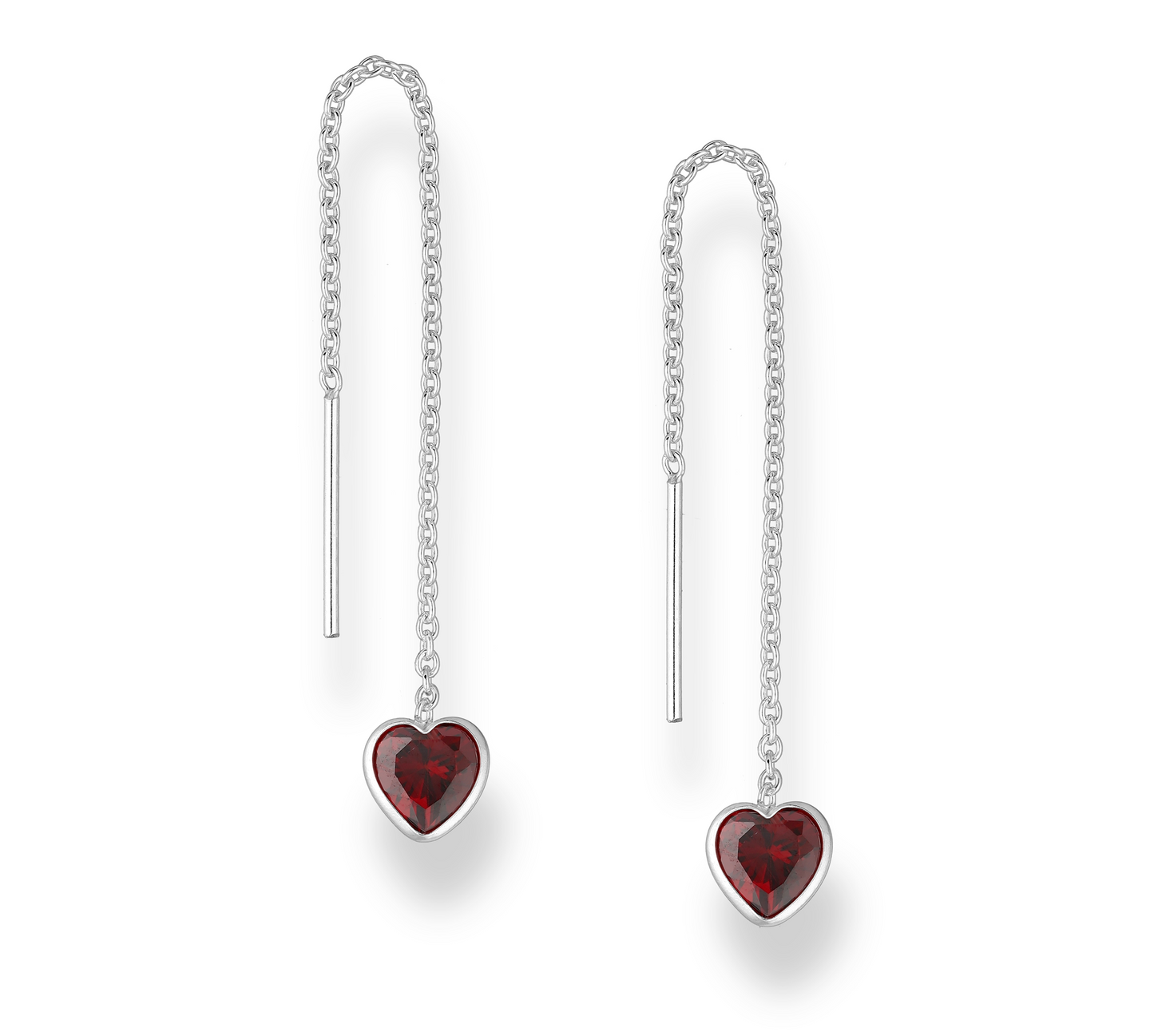 Sterling Silver Red Cubic Zirconia Heart Threader Earrings