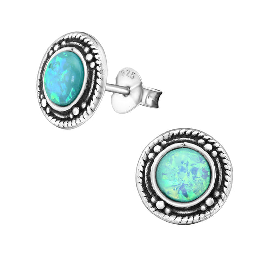 Sterling Silver Green Opal Bali Circular Stud Earrings