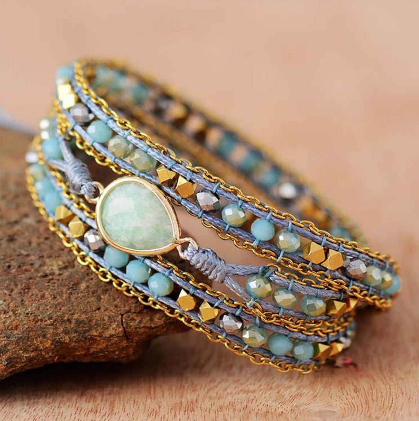 Blue Goldtone Amazonite Stone Beaded Wrap Bracelet