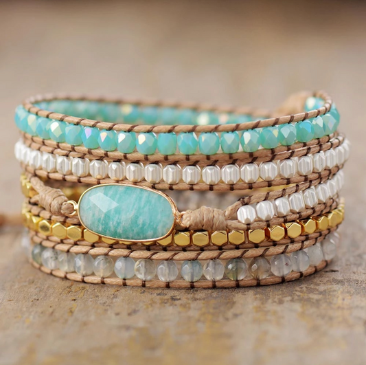 Blue Goldtone Amazonite Agate Beaded Wrap Bracelet