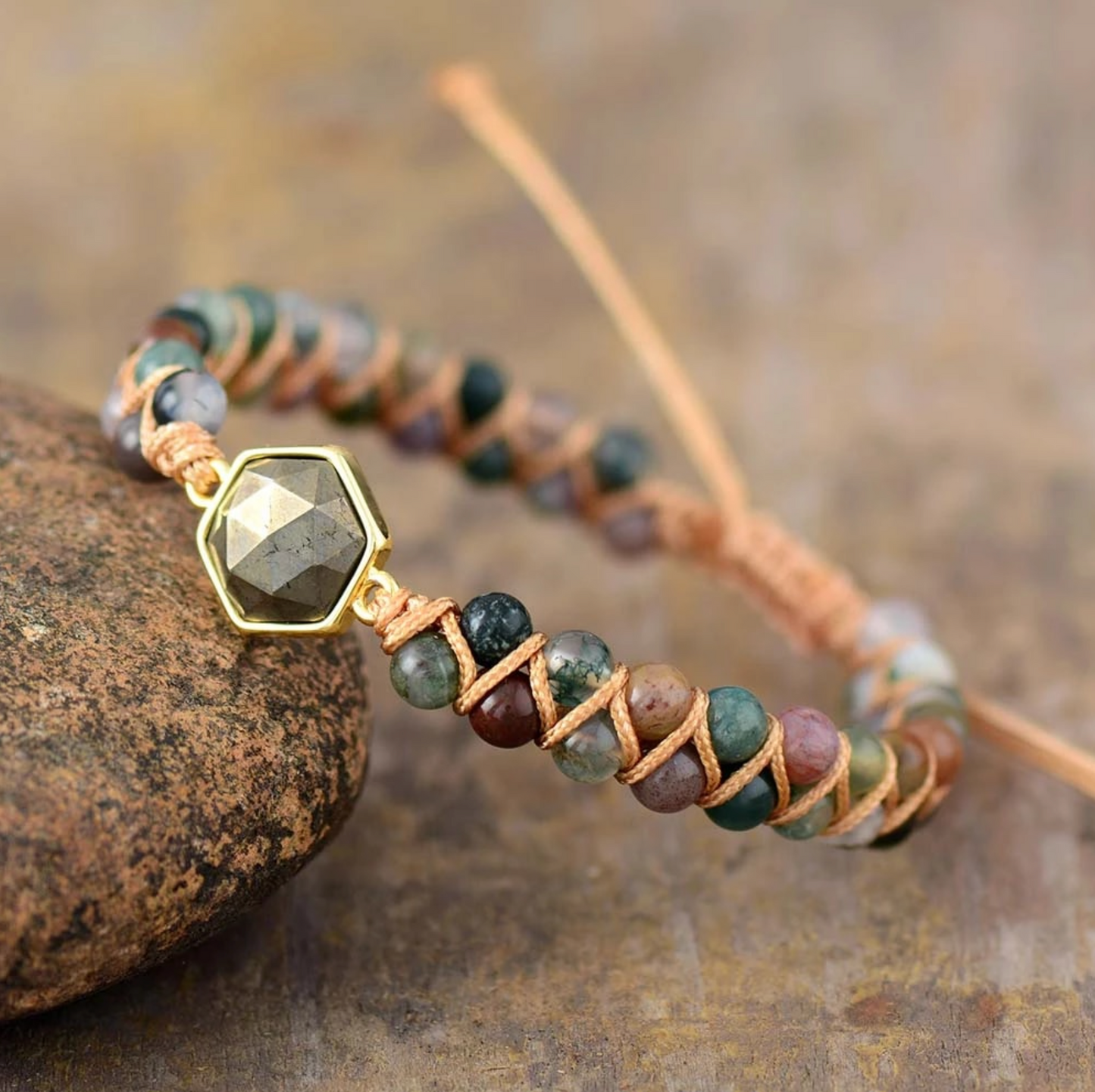 Earth Toned Faceted Hexagon Pyrite Onyx Beaded Adjustable Bracelet