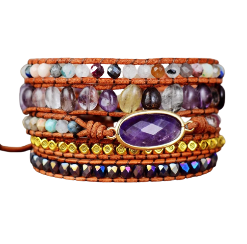 Amethyst Leather Handmade Beaded Wrap Bracelet