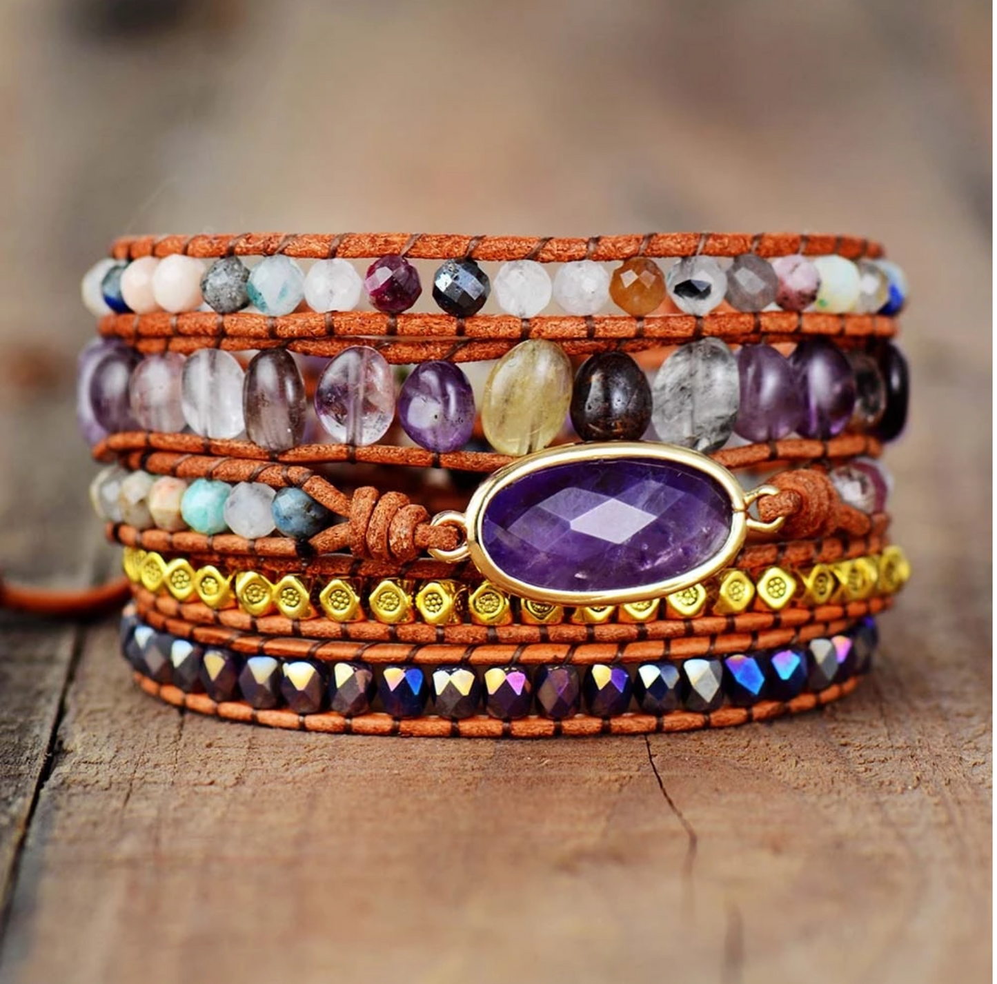 Amethyst Leather Handmade Beaded Wrap Bracelet