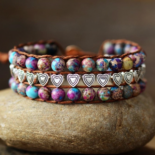 Multi Colored Jasper Beaded Heart Adjustable Bracelet