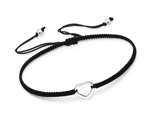 Black Adjustable Bracelet With Open Sterling Silver Heart