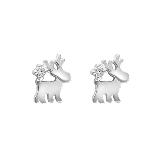 Sterling Silver Cubic Zirconia Cute Reindeer Stud Earrings