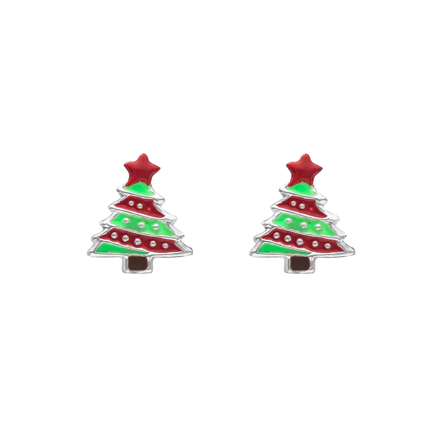 Sterling Silver Green Red Christmas Tree Stud Earrings