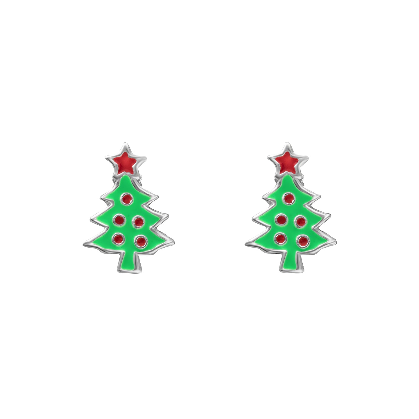 Sterling Silver Green Red Dotted Christmas Tree Stud Earrings