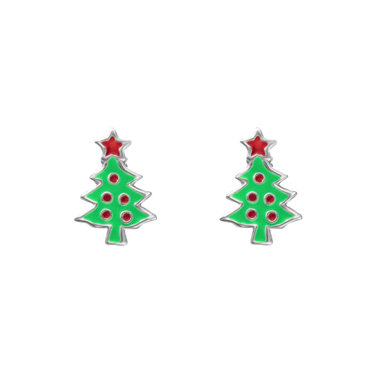 Sterling Silver Green Red Dotted Christmas Tree Stud Earrings