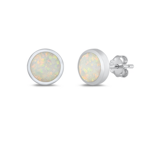 Sterling Silver White Opal Circle Stud Earrings - 6mm