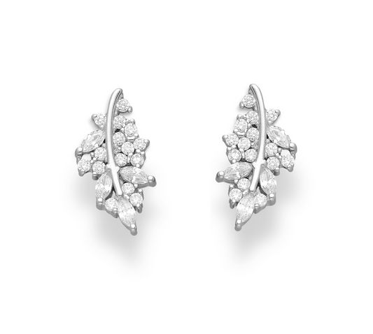 Sterling Silver Cubic Zirconia Clustered Leaf Stud Earrings