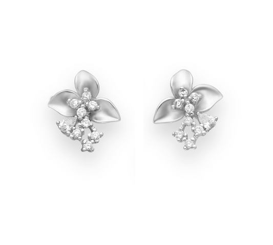 Sterling Silver Cubic Zirconia Floral Dropped Stud Earrings