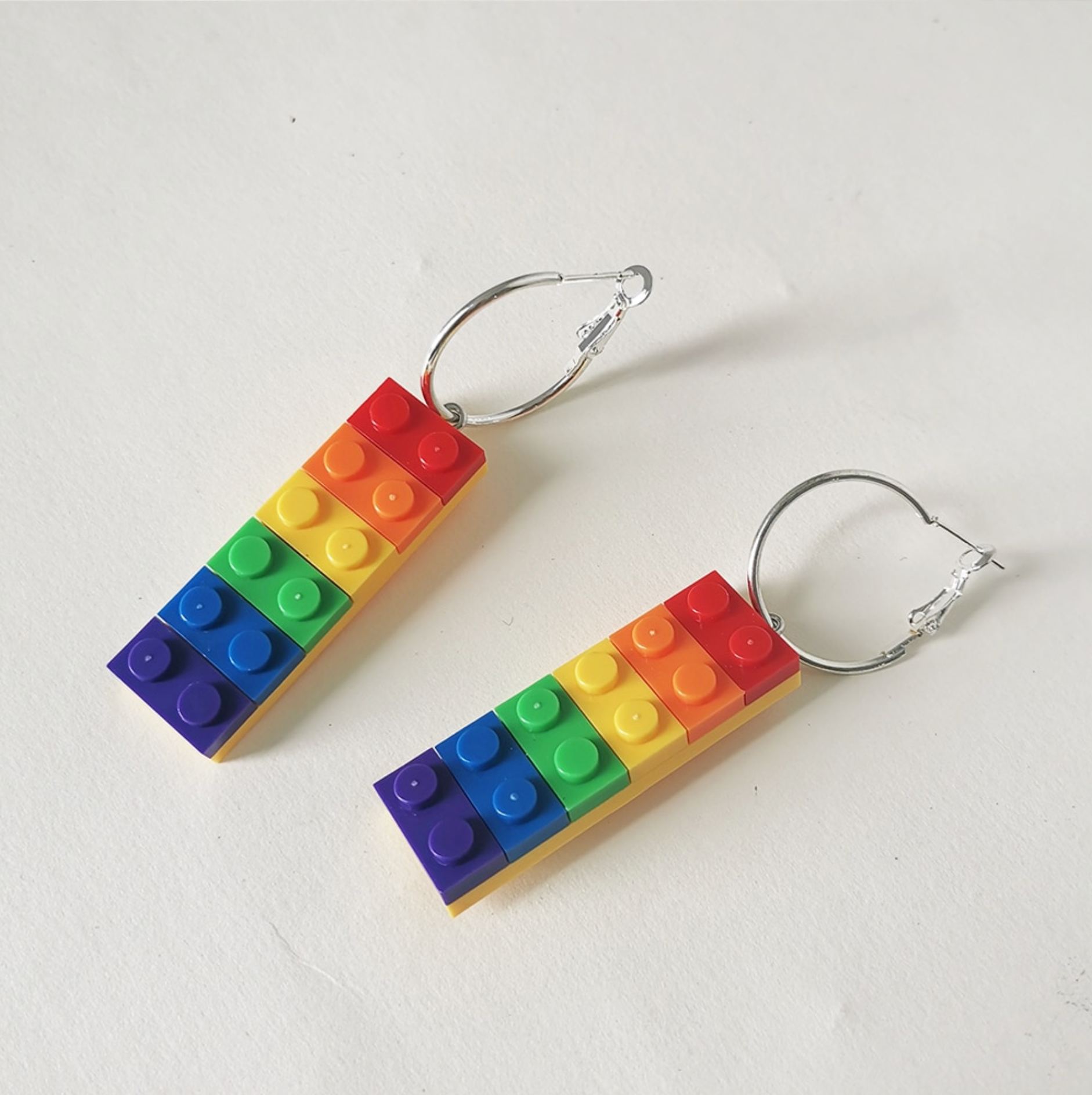 Rainbow building-block drop earrings with silver-tone leverbacks