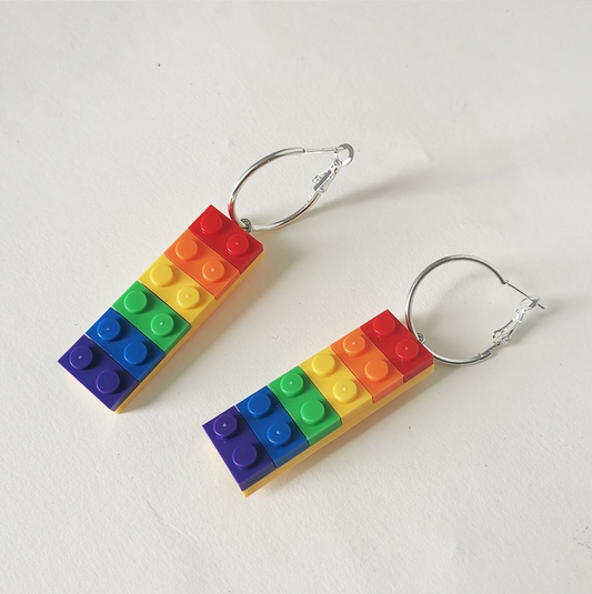 Silvertone Multi Colored Lego Drop Earrings
