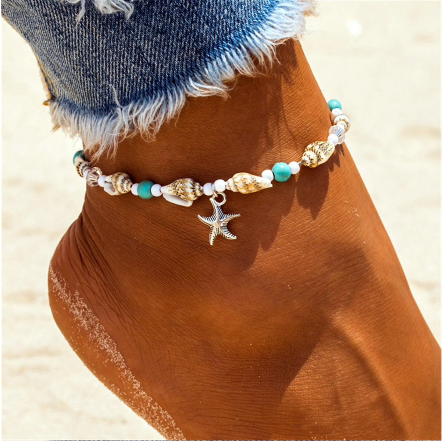Turquoise Beaded Shell Anklet With Starfish Charm