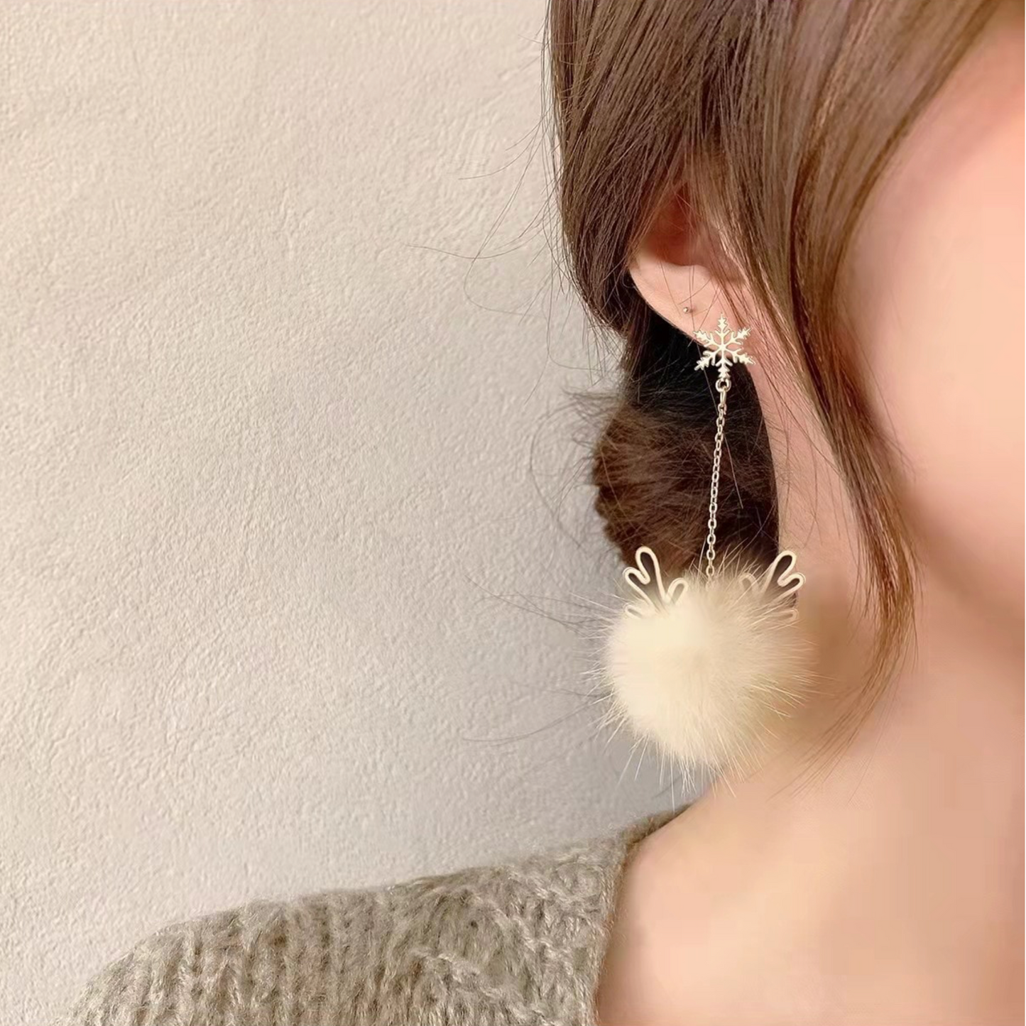 Snowflake Deer Pom Pom Chain Drop Earrings