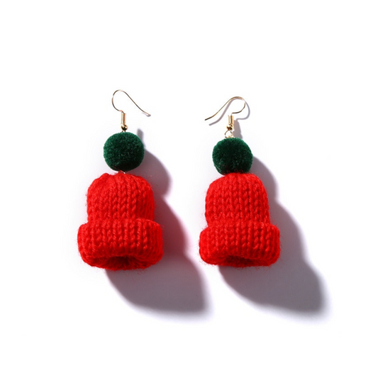 Red Knitted Winter Hat Drop Earrings