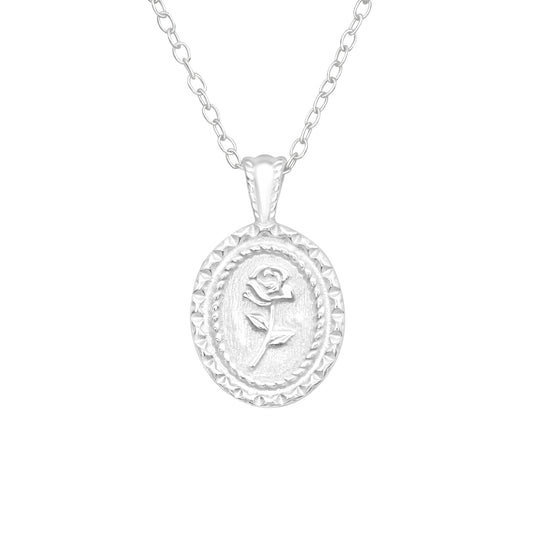 Sterling Silver Oval Rose Flower Pendant Necklace