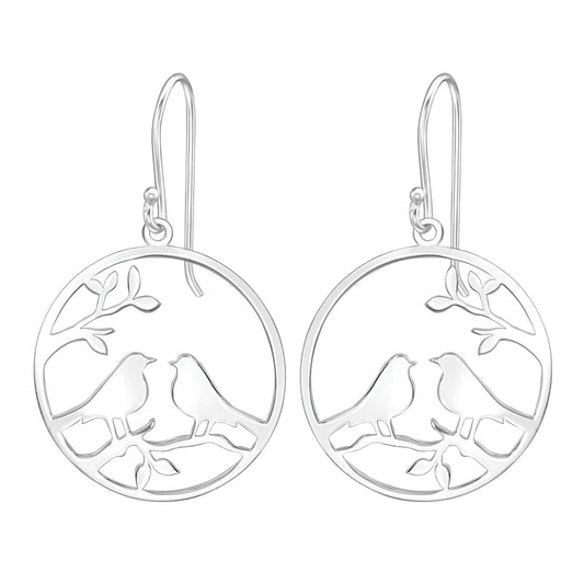 Sterling Silver Circular Openwork Love Birds Drop Earrings