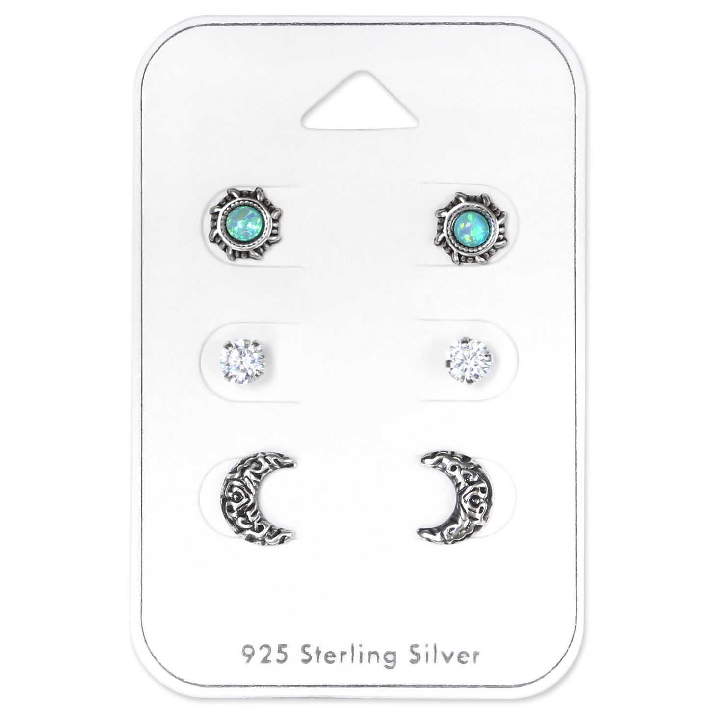 Opal Moon, Crystal Stud Moon Sterling Silver Ear Studs Set