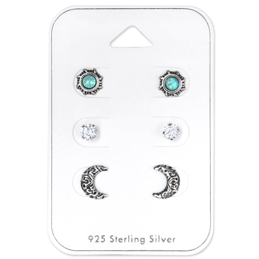 Opal Moon, Crystal Stud Moon Sterling Silver Ear Studs Set