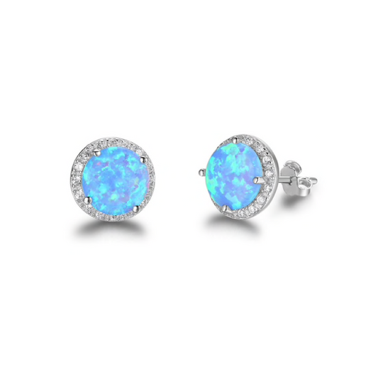 Sterling Silver Blue Lab Opal Halo Stud Earrings