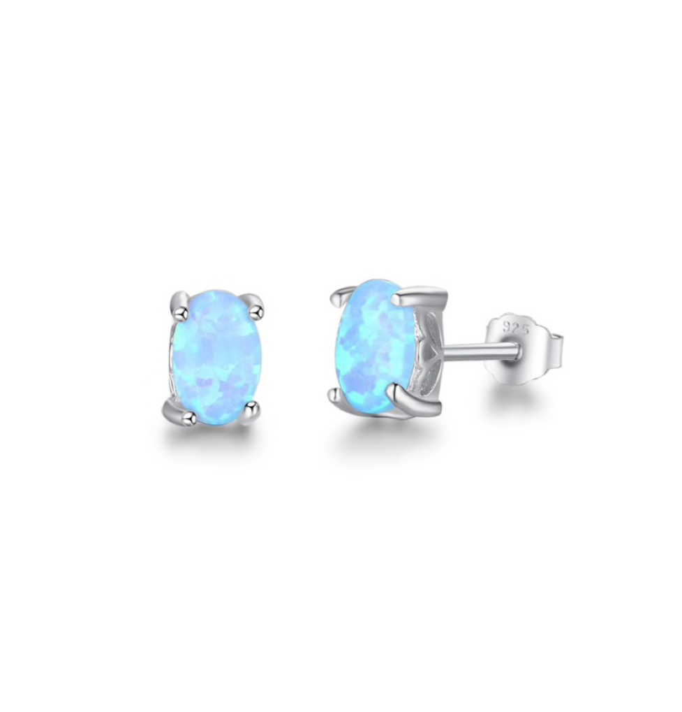 Sterling Silver Blue Opal Oval Stud Earrings