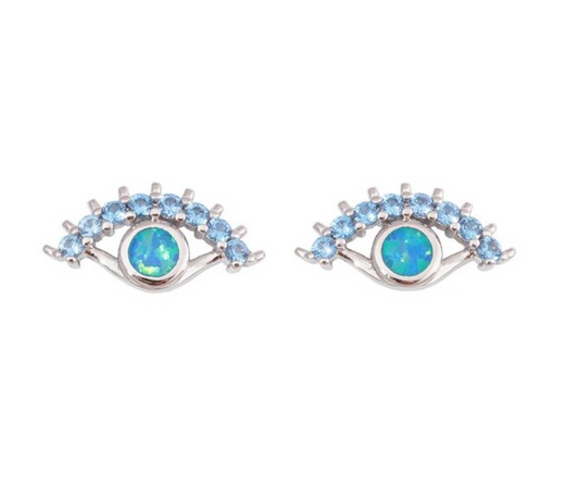 Sterling Silver Blue Cubic Zirconia Opal Eye Stud Earrings