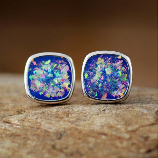 Galaxy Blue Opal Square Stud Earrings