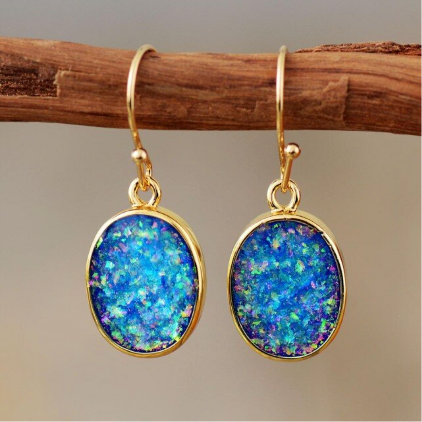 Bling Blue Opal Goldtone Oval Earrings