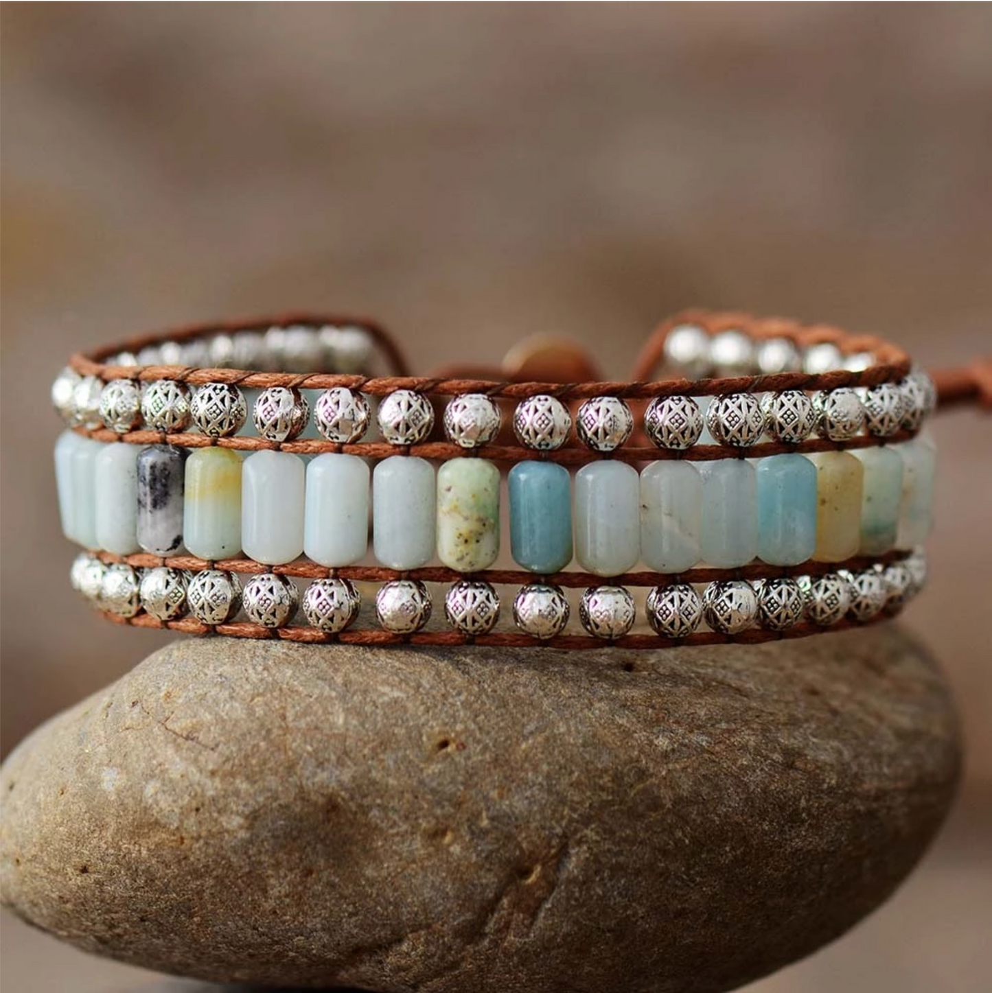 Amazonite Silvertone Hand Beaded Stone Bracelet