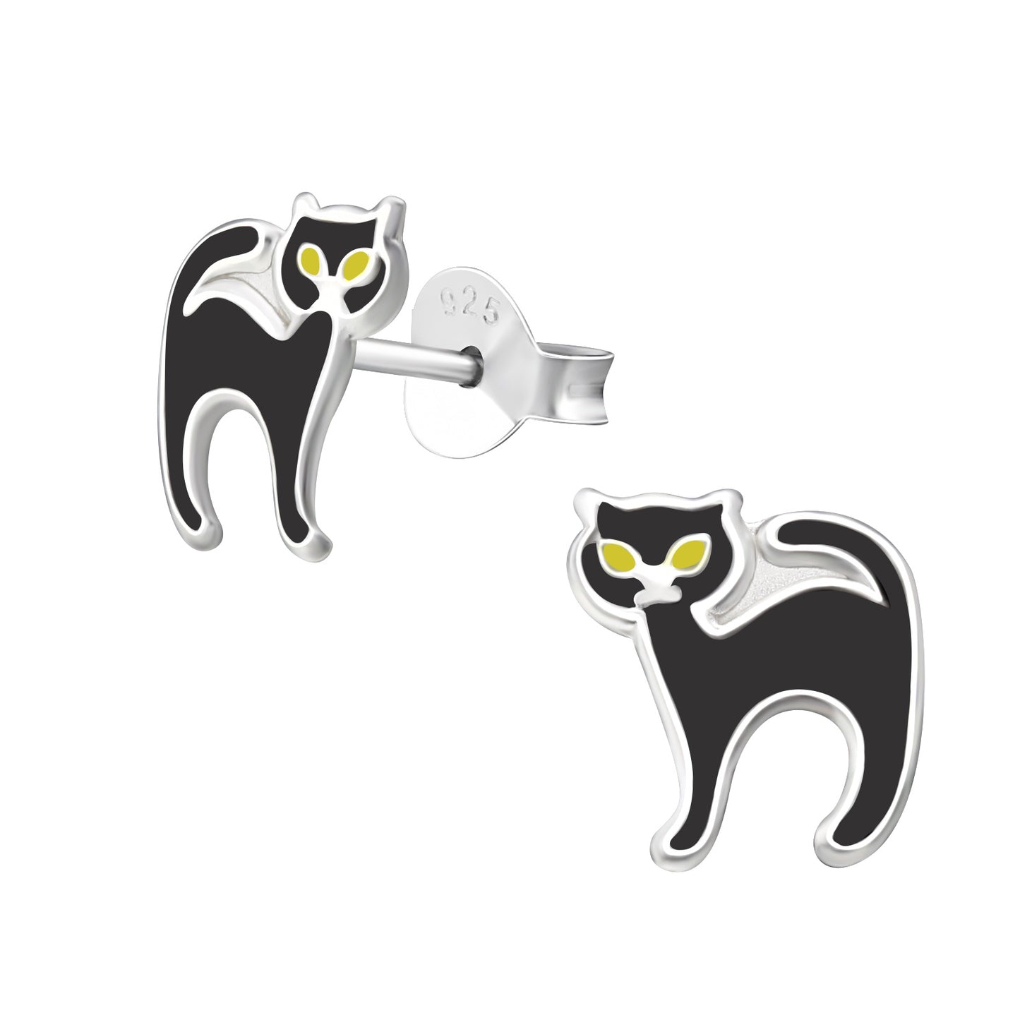 Sterling Silver Black Cat Stud Earrings
