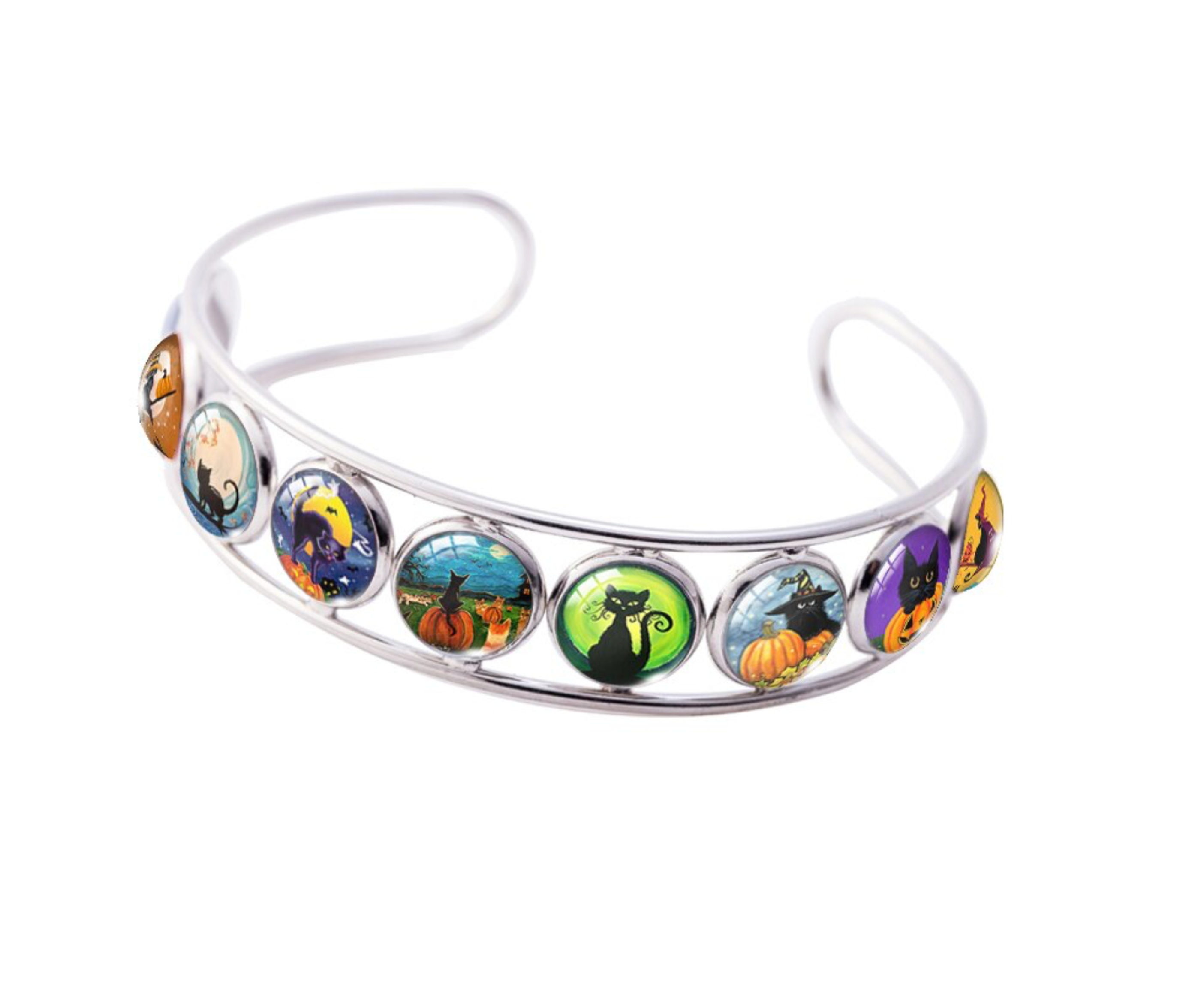 Silver-tone open cuff bracelet with colourful Halloween cat picture buttons