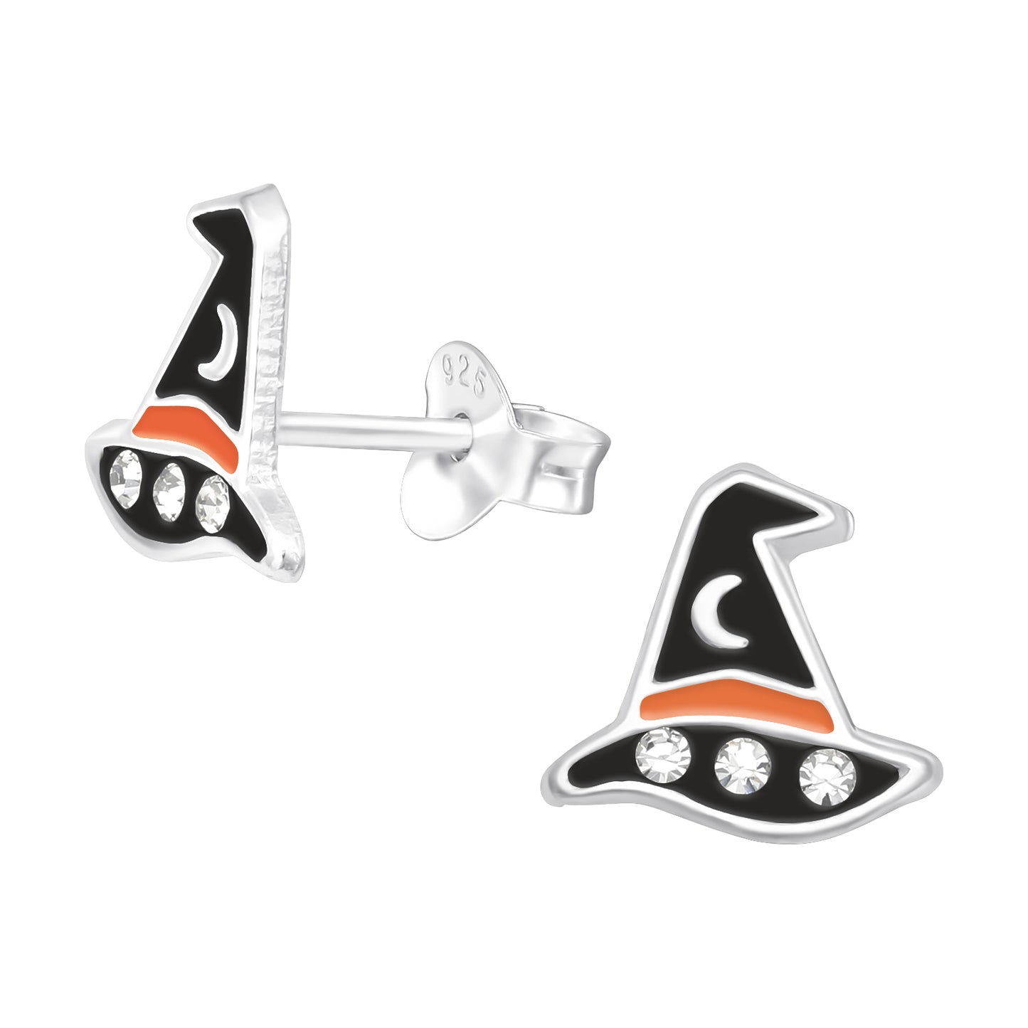 Sterling Silver Cubic Zirconia Black Witch's Hat Stud Earrings