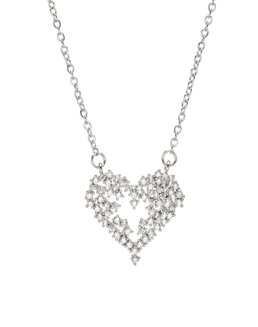 Silvertone Cubic Zirconia Clustered Heart Pendant Necklace
