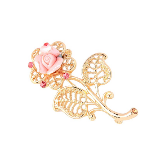 Goldtone Pink Rose Flower Brooch