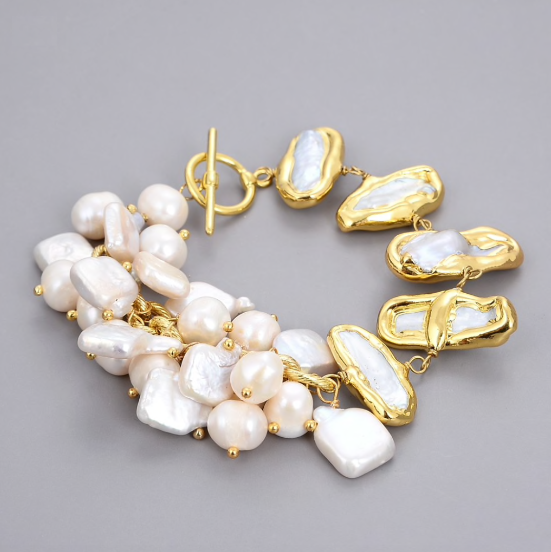 Statement Bracelet With Biwa, Keshi Freshwater Pearls