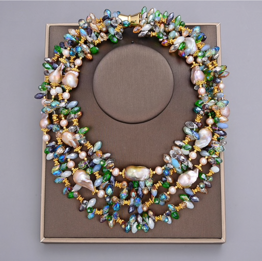 Statement Keshi Freshwater Pearl Crystal Layered Necklace