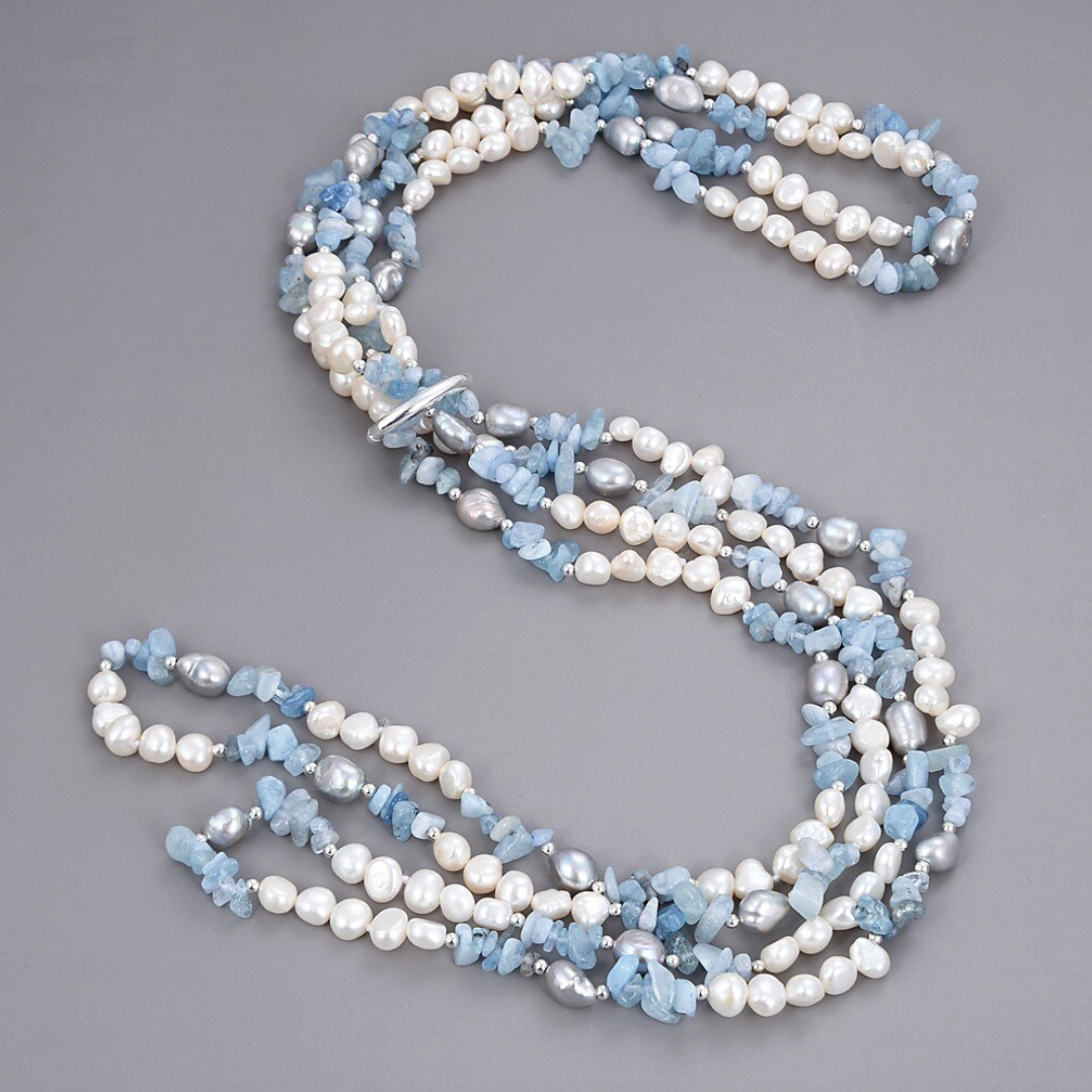 Freshwater Pearl Gala Necklace With Aquamarine