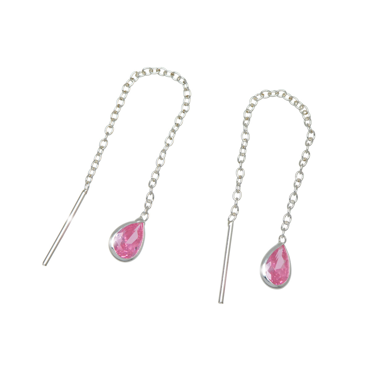 Sterling Silver Pink Cubic Zirconia Teardrop Threader Earrings
