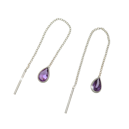 Sterling Silver Purple Cubic Zirconia Teardrop Threader Earrings