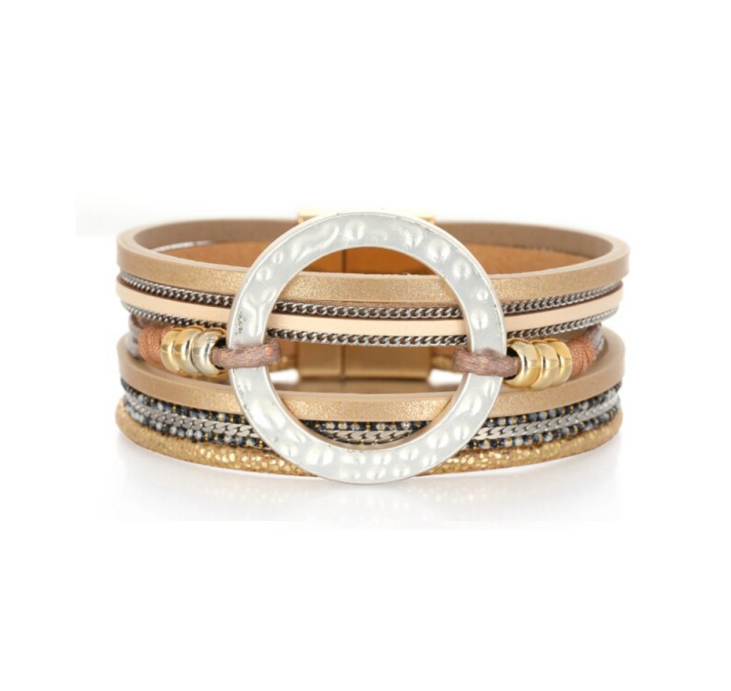 Goldtone White Ring Faux Leather Bracelet