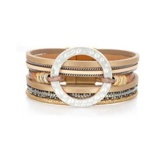Goldtone White Ring Faux Leather Bracelet