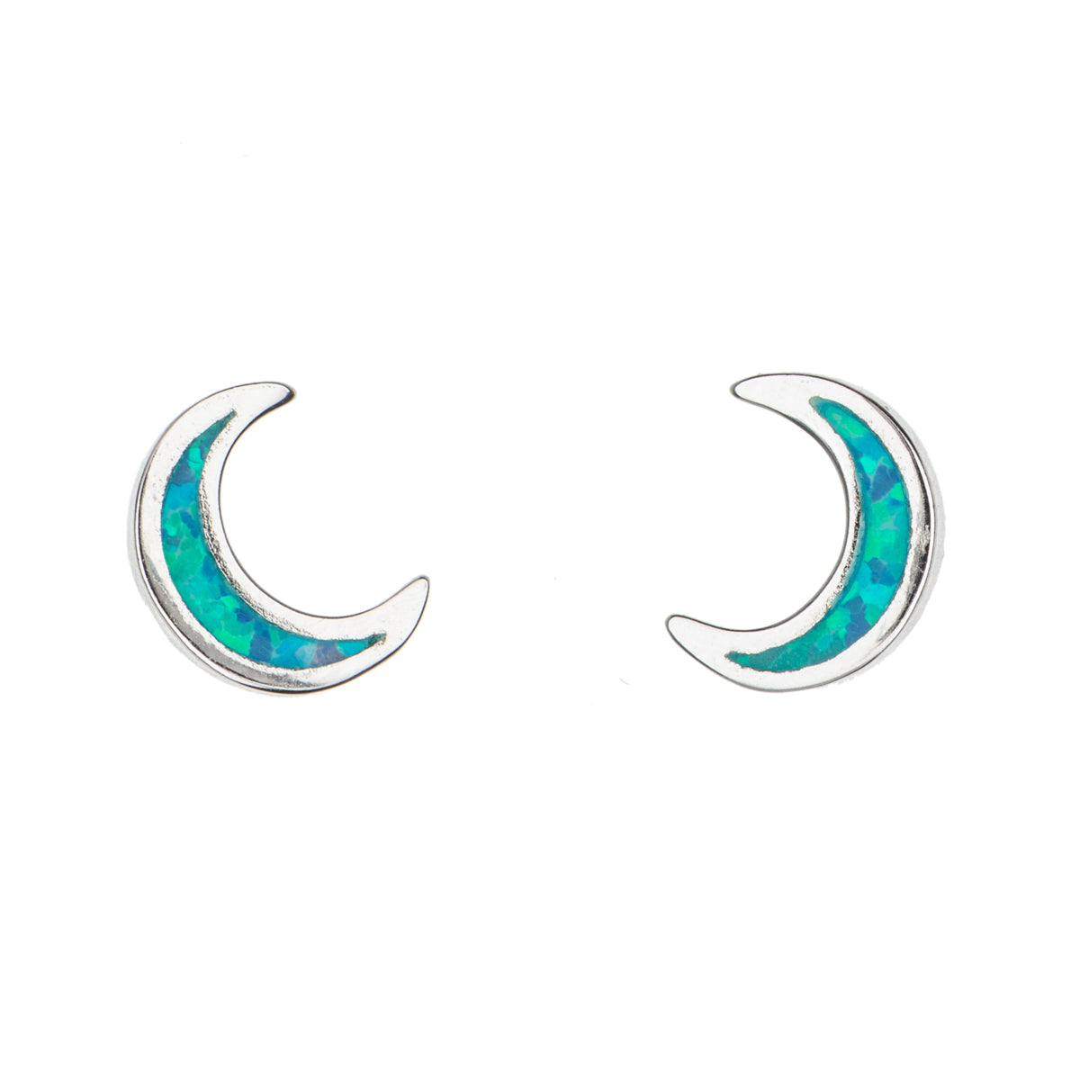 Sterling Silver Blue Opal Crescent Moon Stud Earrings