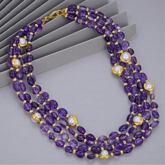 Natural Amethyst Cultured Pearl Multi-strand Necklace