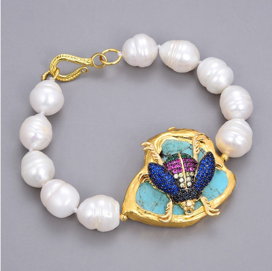 Cultured Freshwater Pearl Bracelet With Turquoise Stone Cubic Zirconia Multi Colored Bee