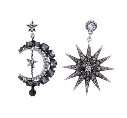 Antiqued Crystal Dark Silvertone Moon And Sun Drop Earrings