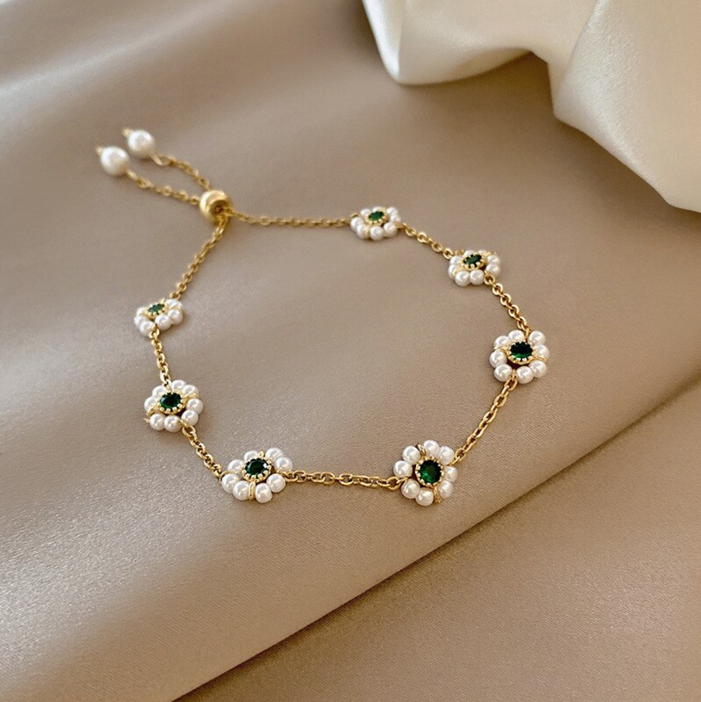 Goldtone Imitation Pearl Floral Emerald Crystal Bracelet